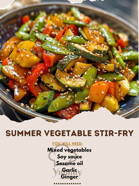 🌞 Celebrate summer with our Summer Vegetable Stir-Fry, bursting with freshness! 🍽️ Summer Vegetable Stir-Fry 🛒 Ingredients: Mixed vegetables (bell peppers, zucchini, snap peas): 4 cups Soy sauce: 3 tbsp Sesame oil: 2 tbsp Garlic: 2 cloves, minced Ginger: 1 tbsp, minced Sesame seeds: 1 tbsp 👩‍🍳 Instructions: Prep veggies: Chop all vegetables. Stir-fry: Heat oil, sauté garlic and ginger, add vegetables. Season: Toss with soy sauce. Garnish: Sprinkle with sesame seeds. 🌟 Dive into the vibran... Saute Veggies Recipe, Sauteed Veggies Recipe, Whole30 Salads, Soy Sauce Stir Fry, Vegetable Stir Fry Recipe, Bariatric Food, Stir Fry Ingredients, Chinese Vegetables, Garlic And Ginger