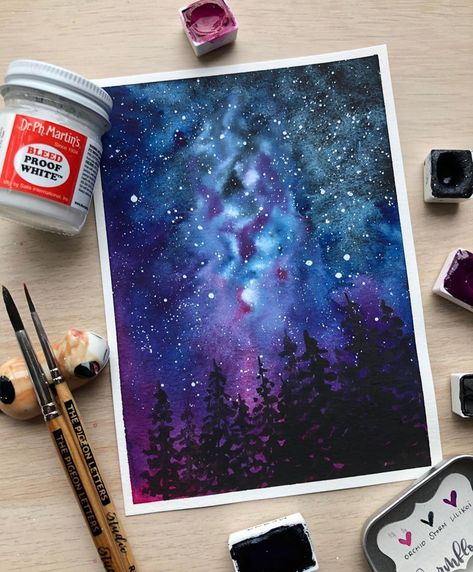 Jess Panza, Watercolour Artist on Instagram: “The final piece from yesterday’s video! I’m so happy with this piece, I am in love with these colours 🌌🌲 . . . PROMPT: Forest Galaxy…” Northern Lights Card, Watercolour Space, Forest Galaxy, Celestial Painting, Watercolour Galaxy, Northern Lights Watercolor, Landscape Watercolour, Watercolor Galaxy, Cosmic Art