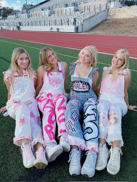 #senioroveralls #senior #homecoming #hocoweek #aesthetic #diy #hoco #cute Hoco Overalls Senior, Purple And Gold Spirit Day Outfits, Sadie Hawkins Dance Outfits, Senior Year 2025 Aesthetic, Senior Skirt Painted, Senior Things To Do High Schools, Senior Year Overalls, Senior Overalls 2025, Hoco Overalls Ideas