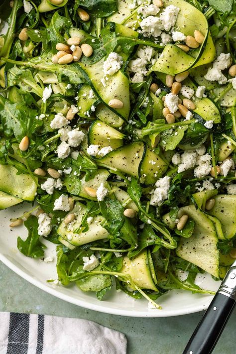 Dairy Free Salads, Pesto Salad, Make Ahead Salads, Basil Vinaigrette, Zucchini Ribbons, Zucchini Salad, Toasted Pine Nuts, Arugula Salad, Vegan Salad