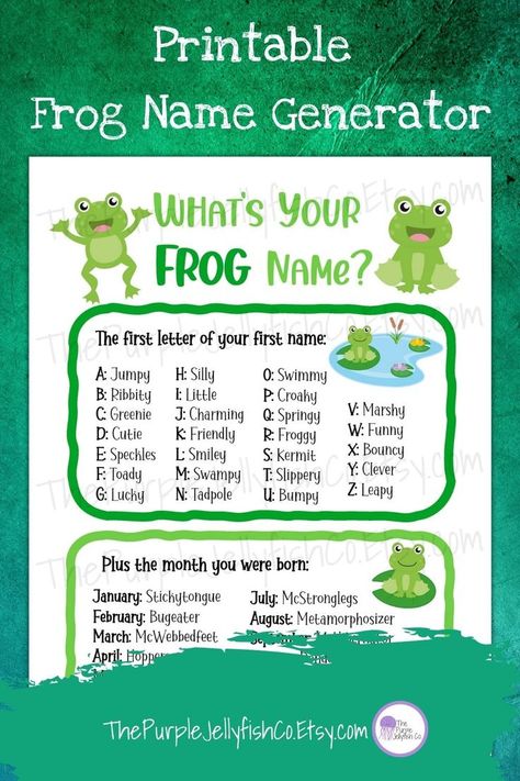 What’s your frog name? Find out with this fun frog name generator! This frog name game features funny, kid friendly names and is perfect to use in the classroom or your home! This fun frog activity makes a great addition to a frog themed birthday party, a frog study unit or use it as a summer ice breaker. Instantly download this frog game printable and use immediately! Leap Year Themed Party, Frog Birthday Ideas, Frog Games For Preschoolers, Leap Frog Game, Frog Activities For Kids, Frog Name Ideas, Frog Games For Kids, Frog Birthday Party Ideas, Frog Party Games