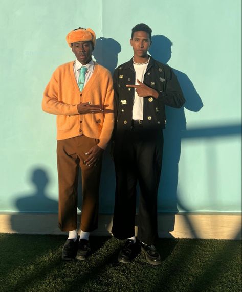 #tylerthecreator Orange Cardigan Outfit, Outfit Ideas Korean Casual, Red Cardigan Outfit, Tyler The Creator Fashion, Tyler The Creator Flower, Red Black Outfit, Tyler The Creator Outfits, Casual Gym Outfit, Kylie Jenner Look