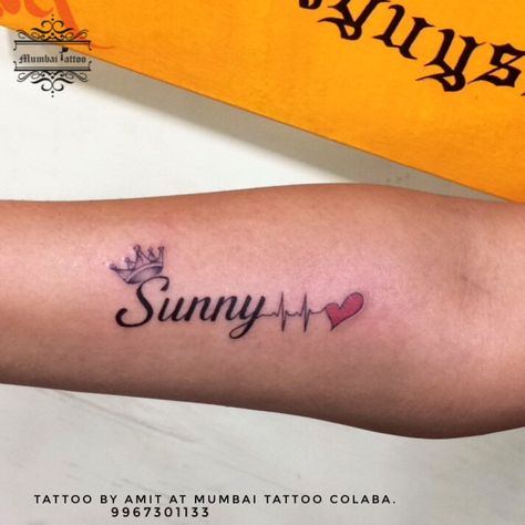 Name with heartbeat tattoo. 📲9967301133. @bigguystattoo  @mumbaitattoocolaba  . #tattoo #nametattoo #heartbeattattoo #hearttattoo #ink #crowntattoo #namewithcrown #bigguystattoo #mumbaitattoo #mumbaitattoocolaba #sunny #sunnyleone #colaba #tattoostudioinmumbai Kanna Names Images, Sunny Name Tattoo, Sunny Tattoo Name, Sunny Name Tattoo Design, Sandhya Name Tattoos, Muskan Name Tattoo Design, Vidhi Name Tattoo, Name With Heartbeat Tattoo, Heartbeat Tattoo Ideas With Name