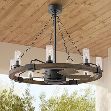 36" Sawyer Matte Black Wet-Rated LED DC Fandelier Smart Ceiling Fan Wagon Wheel Ceiling Fan, Chandelier With Fan, Kitchen Ceiling Fan, Ceiling Fan Art, Fandelier Ceiling Fan, Fan Light Fixtures, Rustic Ceiling Fan, Living Room Ceiling Fan, Fan Chandelier