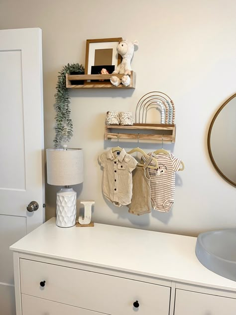 Nursery Feeding Corner, Nursery Floating Shelves Decor, Nursery Above Dresser, Nursery Changing Table Wall Decor, Above Nursery Dresser Decor, Baby Shelf Decor, Shelves Above Dresser, Nursery Shelf Ideas, Baby Girl Nursery Dresser