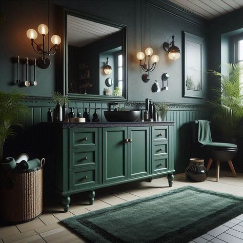 Dark Green Bathroom Dark Green Restroom Ideas, Dark Green Farmhouse Bathroom, Hunter Green Vanity Bathroom, Green And Dark Wood Bathroom, Hunter Green Bathroom Vanity, Dark Green Master Bath, Dark Tone Bathroom, Dark Bathroom Color Schemes, Dark Green Cabinets Bathroom