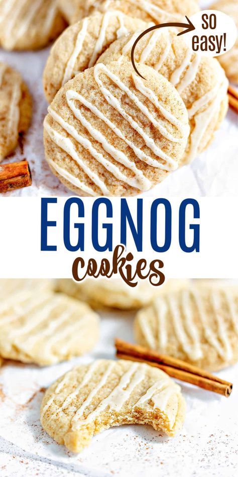 These eggnog cookies are pillowy soft and melt in your mouth. With real eggnog in the dough and icing, and sprinkles with warming spices, you'll watch these cookies disappear quickly and wish you made a double batch. Egg Nog Cookies Recipe, Eggnog Dessert, Christmas Cookie Recipes Holiday, Cream Cheese Sugar Cookies, Eggnog Cookies, Shugary Sweets, Christmas Baking Recipes, Chewy Cookies, Eggnog Recipe