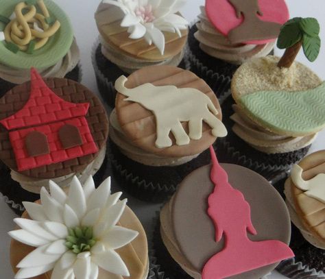 Thailand themed cupcakes by Art Cup Cupcakes   www.tablescapesbydesign.com https://www.facebook.com/pages/Tablescapes-By-Design/129811416695 Thailand Party Theme Decorating Ideas, Thailand Theme Party, Thailand Party, Thai Decor, Asian Party, Thai Wedding, Wedding Shower Themes, Pre Wedding Party, Kitchen Decor Themes