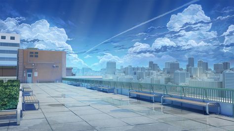 School rooftop by arsenixc on DeviantArt Buildings Artwork, Anime Landscape, Anime Places, Drawing Eyes, Anime City, Art Kawaii, Tokyo Street, Art Manga, Sky And Clouds