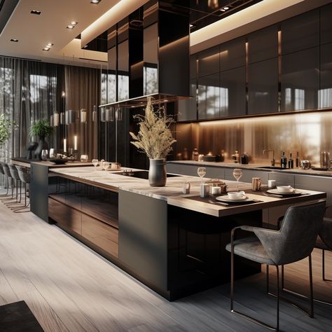 7 Chic Kitchen Cabinet Trends Super Modern Kitchen, Darker Kitchen Ideas, Luxury Mansion Kitchen, Luxury Villa Kitchen, Big Luxury Kitchen, Kitchen Room Designs, Luxury Kitchens Mansions, Penthouse Kitchen, Luxury Houses Kitchen