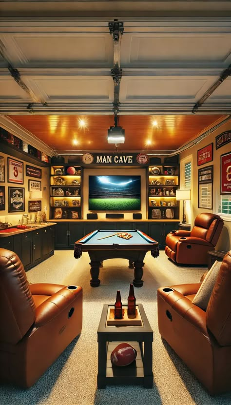 🚀 21 Stunning Garage Decor Ideas That Will Transform Your Space Into a Dream Haven! 🚗✨ Garage Entertaining Space, Garage Makeover Man Cave, Cozy Man Cave, Garage Games, Garage Decor Ideas, Comfortable Recliners, Stylish Garage, Garage Hangout, Cabin Basement