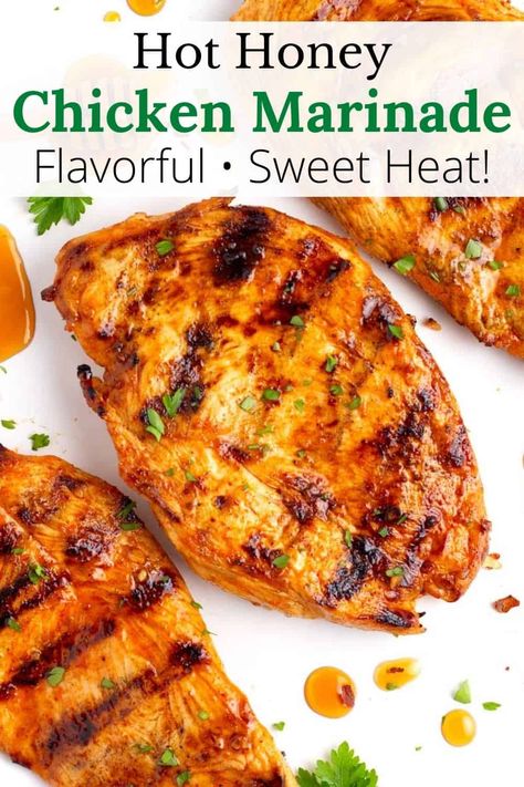 For an exciting new dinner idea, give this Hot Honey Chicken Marinade Recipe a try! It combines honey for sweetness, cayenne pepper for heat, and other spices for depth, making your grilled chicken juicy and delicious. With just 10 minutes of hands-on time, this easy marinade is perfect for any meal. Chicken Marinade For Stove Top, Chicken Honey Marinade, Restaurant Grilled Chicken, Honey Mustard Chicken Sides, Honey Bourbon Marinade, Chicken Marinade With Honey, What To Put Hot Honey On, Chicken Hot Honey Recipe, Hot Honey Glazed Chicken