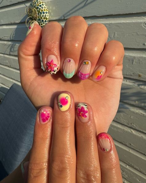 When in doubt just get mismatch 🌺🐯🐚🧜‍♀️ . . . . #nails #nailinspo #summernails #summernailinspo #summervibes #nailsforsummer #julynails #crazynails #shortnails #gelnails #funnails Short Mismatched Nails, Very Short Nails Design, Demure Nails, Mismatch Nails, Funky Summer Nails, Mismatched Nails, Summer Gel Nails, Acrylic Nail Shapes, 2024 Nails