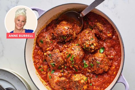 Anne Burrell's Meatballs Have Hundreds of 5-Star Reviews — And They're Worth the Hype Excellent Meatballs Anne Burrell, Carmines Meatballs, Authentic Spaghetti And Meatballs, Best Meatballs For Spaghetti, Mortadella Meatballs, Meatballs Cooked In Sauce, Anne Burrell Meatballs, Italian Meatballs Recipe Authentic, Spaghetti And Meatball Recipes