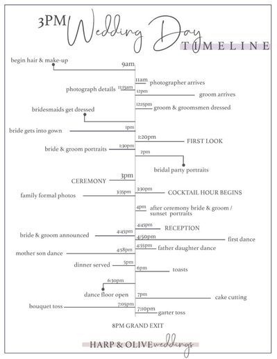 3pm Wedding Day Timeline Samples for first looks! Free wedding day timeline sample printable Wedding Day Timeline For Photographer, 3:30 Ceremony Wedding Timeline, Wedding Day Of Timeline Template, Sample Timeline Wedding, Wedding Day Timeline 3:30pm Ceremony, Short Wedding Day Timeline, Wedding Timeline For 3pm Ceremony, Sample Wedding Day Timeline, Wedding Timeline For 2pm Ceremony