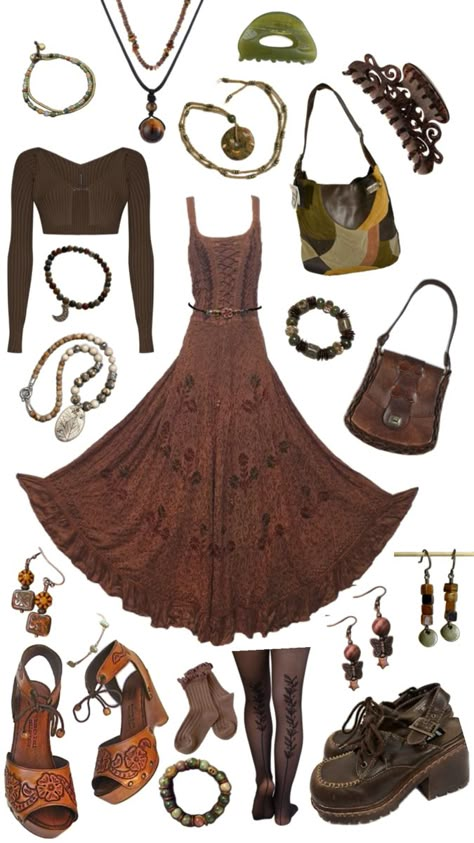 Brown Earthy Dress outfit boho bohemian style fashion boots jewelry purse bag heels Boho Autumn Outfits, Autumn Boho Outfits, Gremlincore Outfits, Earthy Dress, Boho Hippie Outfits, Pagan Fashion, Boho Autumn, Moda Hippie, Outfit Boho