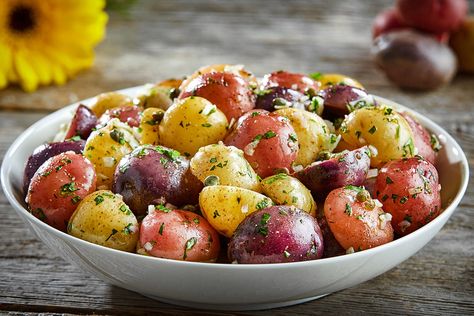 All American Potato Salad Deviled Egg Potato Salad, American Potato Salad, Potato Salad Recipes, Loaded Baked Potato Salad, Roasted Potato Salads, Baked Potato Salad, Marinated Vegetables, Greek Potatoes, Easy Potato Recipes