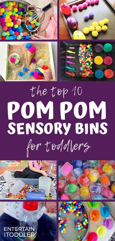 Pom pom sensory bins are engaging ways to play with toddlers, babies, and preschoolers. Here are 10 of my favorites!  #EntertainYourToddler #montessori #montessoriathome #montessorikids #toddler #toddlerplay #indooractivitiesforkids Felt Ball Sensory Bin, Pom Pom Sensory Bin, Cotton Ball Sensory Bin, Ball Sensory Bin, Playgroup Themes, Easy Sensory Bin, Sensory Projects, Sensory Bins For Toddlers, Sensory Bin Activities