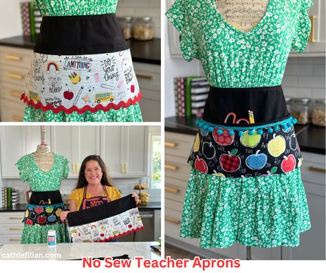 No Sew Teacher Aprons for Back to School Appreciation Gifts - CATHIE FILIAN's Handmade Happy Hour Diy Teacher Apron, Teacher Apron Ideas, Teacher Aprons, Tk Classroom, Mod Podge Matte, Usa Embroidery, Teacher Apron, Diy Apron, Diy Back To School