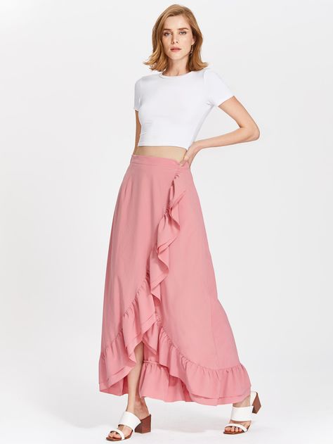 Flounce Trim Overlap Skirt -SheIn(Sheinside) Overlap Skirt, Ruffle Wrap Dress, Cocktail Attire, Women Skirts, Leggings Casual, Skirts Online, Maxi Skirts, Christmas Sale, Fashion Clothes Women