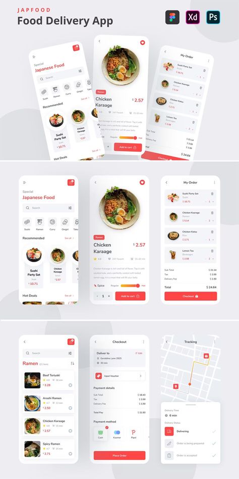 UI templates for food delivery apps available in FIG, XD, and PSD formats with modern designs and user-friendly interfaces. #fooddelivery #uitemplates #FIG #XD #PSD Food Delivery App Ui Design, Food App Ui, Delivery App Ui, Grocery Delivery App, Food Ordering App, Ux Kits, App Design Layout, Card Ui, Photoshop Brush Set