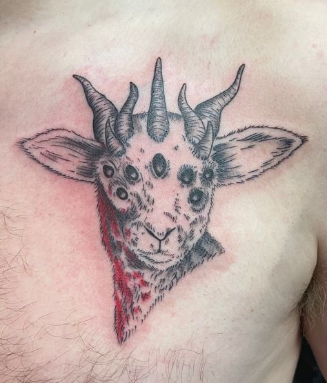 Black and grey goat head with extra horns and extra eyes tattoo tattoos Topnotch Elgin Electricyetti Goat With Horns Tattoo, Horned Goat Tattoo, Arson Tattoo, Goathead Tattoo, Deer Skull Chest Tattoo, Goat Hand Tattoo, Satanic Goat Tattoo, Hambo Tattoo, Lamb Head Tattoo