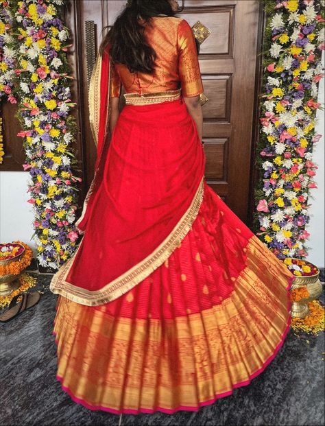 #lehenga #langavani #indian #wedding #brown #desi #pelli #red #chillired Red Half Saree, Pattu Lehenga Half Saree, Langa Voni Half Saree, Langa Voni, Long Gown Design, Half Saree Designs, Red Lehenga, Lehenga Designs, Half Saree