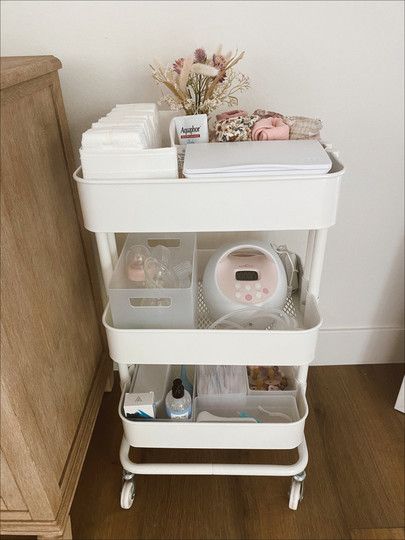 Diaper Basket Organizer Changing Station, Utility Cart For Nursery, Cute Diaper Storage, Nursing Cart Organizer Ideas, Diaper Storage Nursery, Nursery Cart Essentials, 3 Tier Cart Post Partum, Nursing Caddy Cart, Nursery Trolley Organization