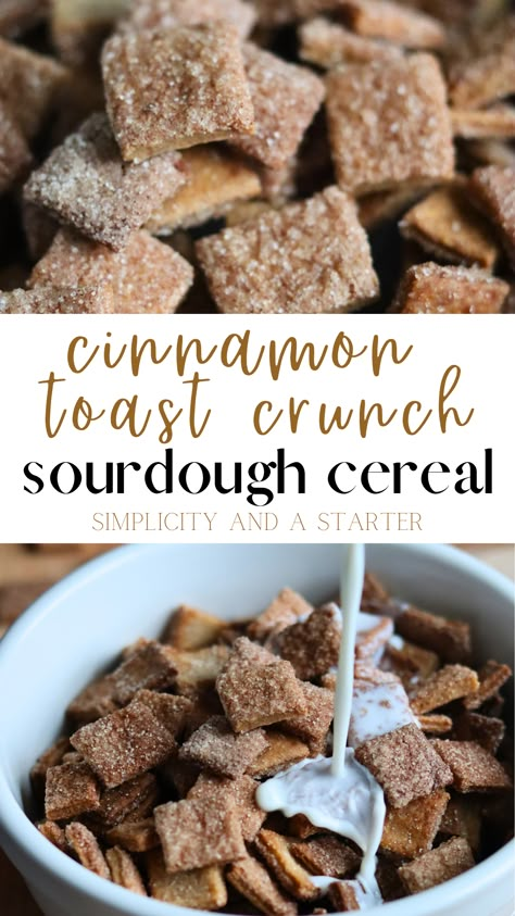 Perfectly crunchy squares, sweetened with cinnamon and sugar, and with the goodness of sourdough, this Sourdough Cinnamon Toast Crunch Cereal recipe is going to be your newest obsession! Made with 7 simple ingredients and under 15 minutes, it is a sure win for breakfast time. Sourdough And Eggs, Sweet Sourdough Starter, Sourdough Farmers Market Stand, Sourdough Cereal, Sourdough Dessert, Cinnamon Toast Crunch Cereal, Sourdough Desserts, Food To Make At Home, Starter Discard Recipes