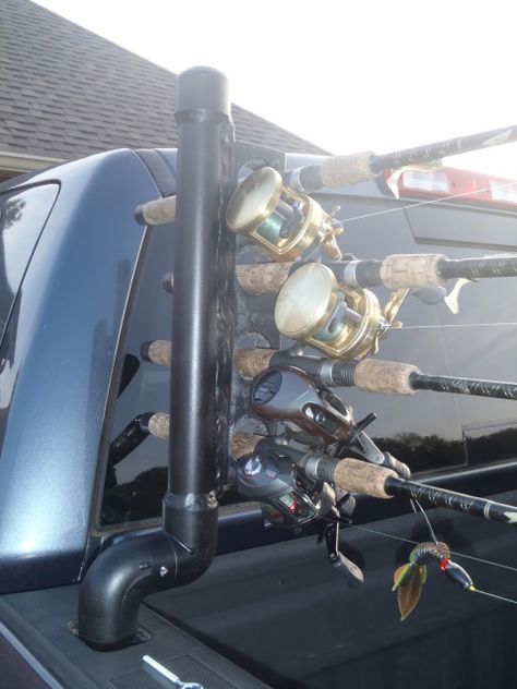 DIY Truck Bed Fishing Rod Holder - never break a fishing rod in the back of your truck again - Learn how to make it yourself at mountainstomarsh.com Diy Fishing Pole, Diy Fishing Rod Holder, Diy Truck Bedding, Fishing Pole Storage, Diy Fishing Rod, Fishing Pole Holder, Fishing Rod Storage, Fishing Rod Rack, Diy Fishing