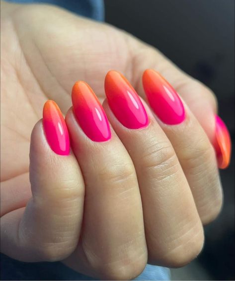 Pink Orange Ombre Nails Summer, Nails Neon Pink And Orange, Pastel Orange And Pink Nails, Ombre Orange And Pink Nails, Hot Pink And Orange Ombre Nails, Pink Orange Ombré Nails, Pink To Orange Ombre Nails, Bright Orange And Pink Nails, Orange Pink Ombre Nails