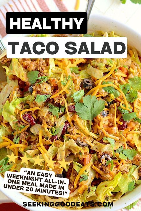 This easy taco salad recipe will be on your table in 20 minutes, making it the perfect meal-in-one to serve for any busy weeknight. You'll love the flavor combination of the taco seasoning and tender ground beef with thousand island dressing, onions, avocado, and olives - with cheese, of course. ;) Adaptions for making this taco salad healthy - gluten free, low carb, keto, and sugar free provided. Enjoy! Taco Salad Recipe Vegetarian, Keto Catalina Taco Salad, Taco Salad With Thousand Island Dressing, Taco Salad Healthy, Best Taco Salad Recipe, Best Taco Salad, Sugar Free Dressing, Healthy Taco Salad, Low Carb Taco Salad