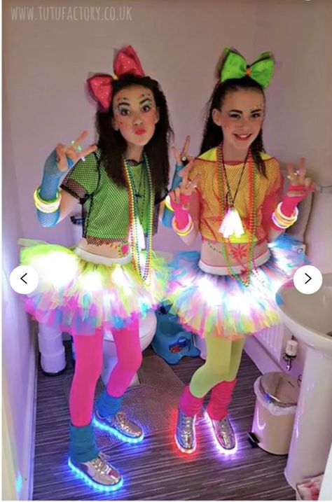 80s Glow In The Dark Party Outfit, Neon Costume Ideas Diy, Glow Party Outfit Kids, Glow Dance Outfit, Glow Outfits Party Neon, Neon Tutu Outfit, Fluffy Dresses For Kids Neon, Neon Outfits Party, Glow Party Outfit