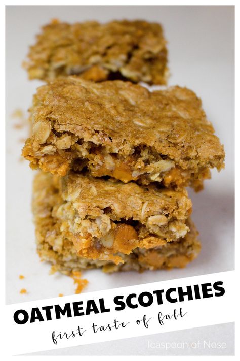 Oatmeal Scotchies are the perfect dessert for fall baking, hosting, or kid-friendly activities! | Teaspoon of Nose Oatmeal Cookie Bars Recipes, Oatmeal Scotchies, Butterscotch Bars, Oatmeal Cookie Bars, Butter Cinnamon, Food C, Cookie Bar Recipes, Oatmeal Recipes, Fall Baking