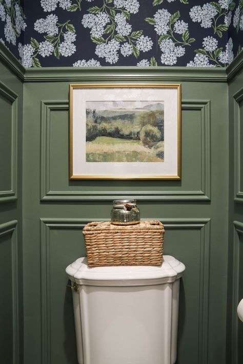 DIY Powder Room Decor {Room Reveal} - The Turquoise Home Green Laundry Room With Wallpaper, Spanish Revival Powder Room, Green Hydrangea Wallpaper, Vintage Wallpaper Powder Room, Green Wallpaper Laundry Room, Half Bathroom Ideas Moody, Green Wallpaper Powder Room, Water Closet Decor, French Powder Room