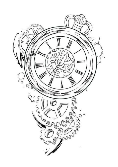 new tattoo art Clock Tattoo Stencil, Tato Jam, Time Piece Tattoo, Pocket Watch Tattoo Design, Tattoo Stencil Designs, Steampunk Drawing, Watch Tattoo Design, Tato Flash, Gear Tattoo