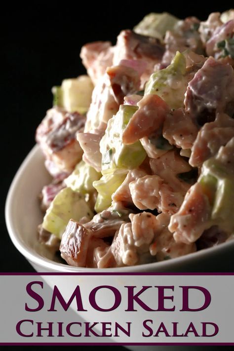 A bowl of smoked chicken salad. Meals With Smoked Chicken, Salad With Smoked Chicken, Smoked Chicken Wraps, Smoked Chicken Pasta Salad, Smoked Chicken Sandwich Recipe, Shredded Smoked Chicken Recipes, Recipes Using Smoked Chicken, Smoked Chicken Salad Recipe, Leftover Smoked Chicken Recipes