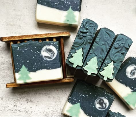 Handmade Artisan Cold Process Soap Christmas Tree Moon Holiday Forest Landscape Soap Bar Frosted Winter Woods Cashmere Soap Design Ideas Bath and Body Design Pretty Soap Christmas Soap Designs, Christmas Cold Process Soap, Christmas Soap Ideas, Christmas Soaps, Cold Process Soap Designs, Soap Design Ideas, Soap Christmas, Easy Soap Recipes, Tree Moon