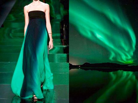 Liliya Hudyakova Northern Lights Inspired Outfits, Northern Lights Clothing, Aurora Fashion Inspiration, Northern Lights Inspired Dress, Northern Lights Outfit, Northern Lights Dress, Northern Lights Fashion, Nature Inspired Fashion, Fashion Nature