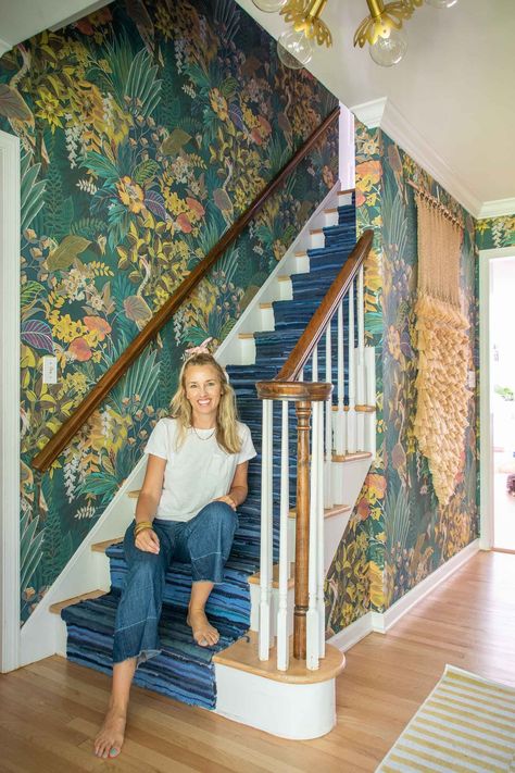 I wanted to make a bold statement in our small foyer so I added big bold wallpaper, painted the railing and added a colorful foyer table. Casa Casuarina, Stained Wood Trim, Foyer Wallpaper, Small Foyer, Eclectic Wallpaper, 1st House, Foyer Design, Bold Wallpaper, Up House