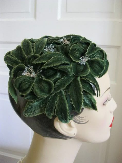 1950s Fascinator, Velvet Leaves, Velvet Flower, Vintage Millinery, Head In The Clouds, Velvet Hat, Flower Hat, Mannequin Head, Velvet Flowers