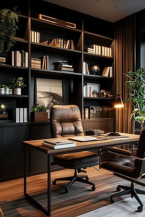 A modern executive home office with dark shelving, a sleek desk, and elegant decor, creating a stylish and professional workspace. Dark And Moody Office Modern, Dark Office Aesthetic Vintage, Bachelor Pad Home Office, Modern Male Office, Modern Vintage Office Design, Dark Wood Office Desk, Transitional Home Office Design, Executive Home Office Design, Home Office Men Ideas