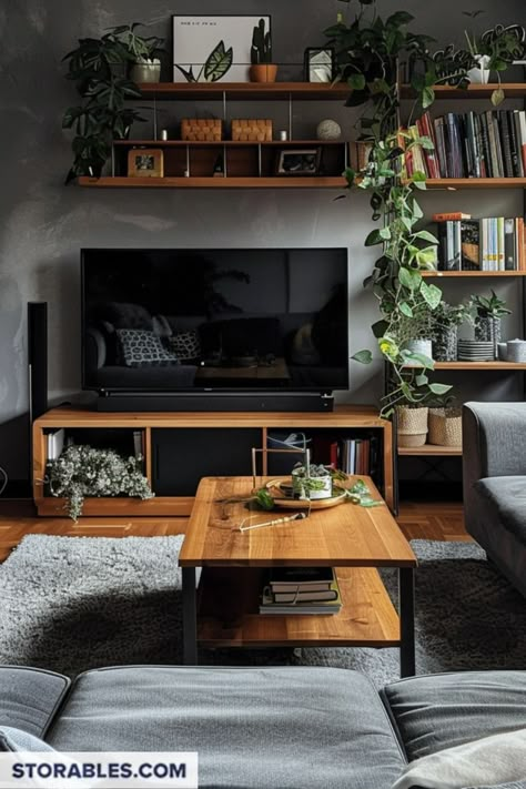 Black Wood Living Room Decor, Black Grey And Wood Living Room, Dark Wood Black Metal Living Room, Moody Living Room Gray Couch, Black Living Room Color Scheme, Small Living Room With Tv Ideas, Living Room With Tv Inspiration, Wood And Black Living Room, Grey And Wood Living Room Ideas