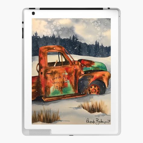 "Christmas Tree Delivery Truck" iPad Case & Skin by theclevercorvid | Redbubble Photo Backdrop Christmas, Winter Backdrops, Forest Backdrops, Christmas Photo Booth, Christmas Red Truck, Winter Watercolor, Family Painting, Watercolor Christmas Cards, Christmas Backdrops