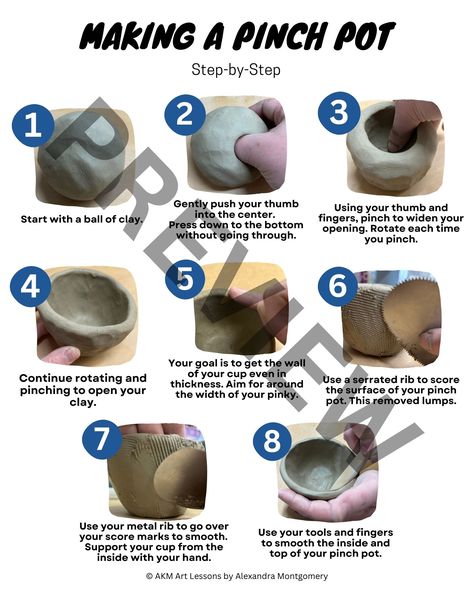 This handout is great for a pinch construction unit in your ceramics curriculum. The handout details the steps of creating a pinch pot. Check it out on my TPT store! This pdf download is 8" x 10". Cute Pinch Pot Ideas, Pinch Pot Projects, Pinch Pot Designs, Pinch Pot Ideas, Teacher Instagram, Construction Unit, Halloween Tea Party, Ceramic Pinch Pots, Clay Lesson