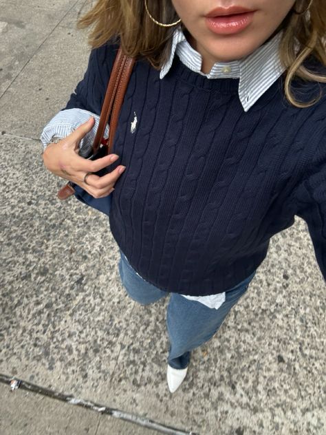 Polo Cardigan Outfit, Polo Sweater Outfit Women, Ralph Lauren Outfits Women, Polo Ralph Lauren Women Outfits, Polo Outfits For Women, Polo Sweater Outfit, Polo Shirt Outfit Women's, Cable Knit Sweater Outfit, Polo Ralph Lauren Outfits