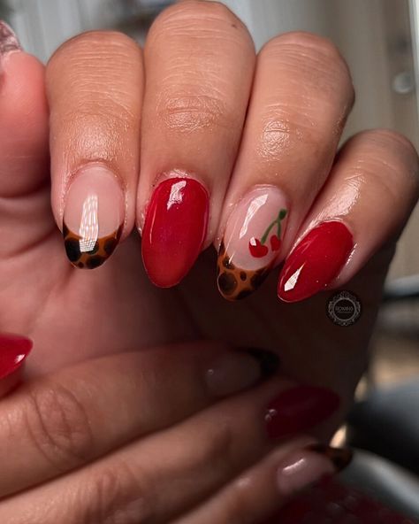 🍒🤎✨ - - - #nailart #roxansmakeovers #cherrynails #explorepage Red Leapord Print Nail, Leopard And Burgundy Nails, Tortoise And Red Nails, Tortoise Shell And Red Nails, Cherry Leopard Nails, Red Nails With Leopard Print, Cheetah Red Nails, Cheetah Print And Red Nails, Leopard Red Nails