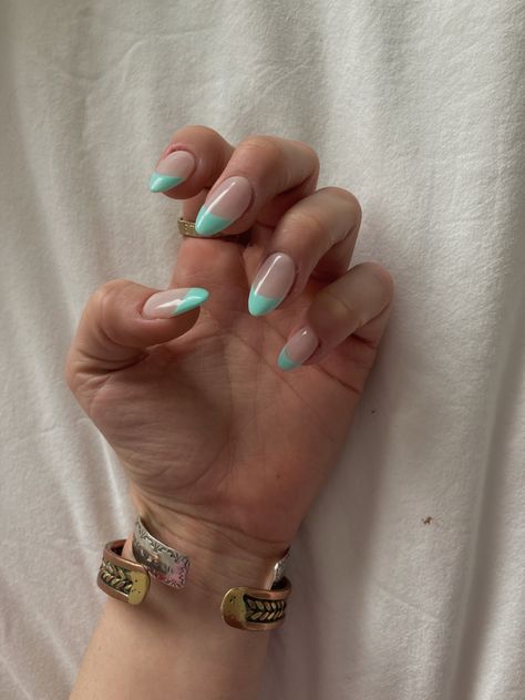 Teal Color Nails Turquoise, Colorful French Tip Nails Dip, Almond French Tip Dip Nails, Turquoise Nails For Prom, Turquoise Nails Acrylic Short, Teal Nails Acrylic French Tips, Turquoise Nail Tips, Turquoise Tips Nails, Turquoise French Tip Nails Short