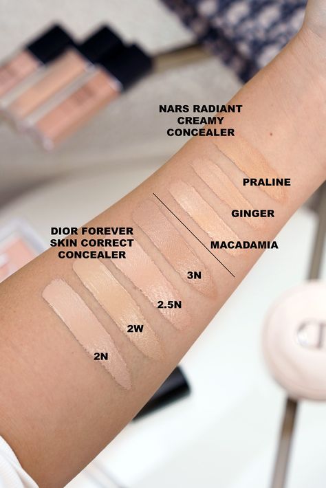 Dior Forever Skin Correct Concealer swatches 2N, 2W, 2.5N, 3N Dior Forever Skin Correct Concealer, Concealer Swatches, Best High End Makeup, Makeup Favorites, Dior Lip Glow, Dior Lipstick, Correcting Concealer, Dior Forever, Lash Primer