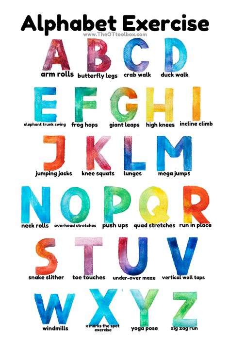 Use these alphabet exercises for kids to help get the kids active while learning letters, spelling, or working on skills in occupational therapy. Handwriting Activities, Exercise Activities, Gross Motor Activities, Letter Formation, Spelling Words, Learning Letters, Gross Motor, Gross Motor Skills, Preschool Ideas